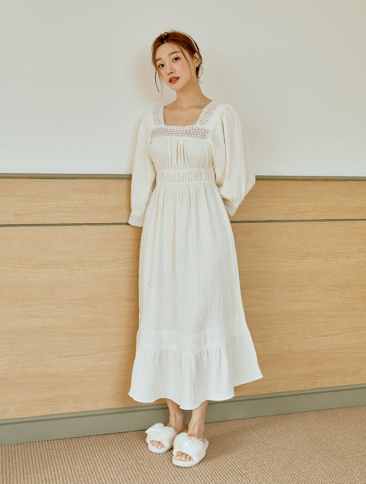 Women&#039;s Amalfi Triple Gauze Cotton Dress (Long Sleeve Square Neck) 22-06531