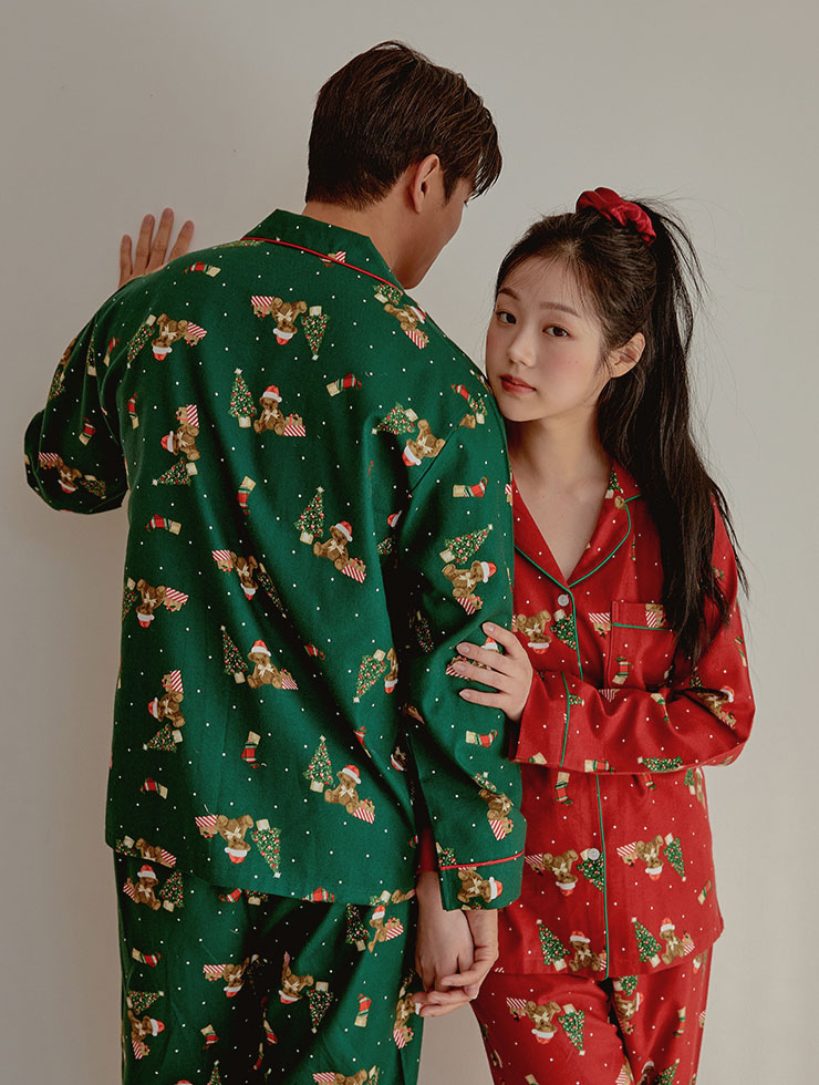 [Men&#039;s green is sold out]Couple Santa Bear Fleece-Lined Cotton Top (2C Long-sleeved Collar Neck) 22-08851