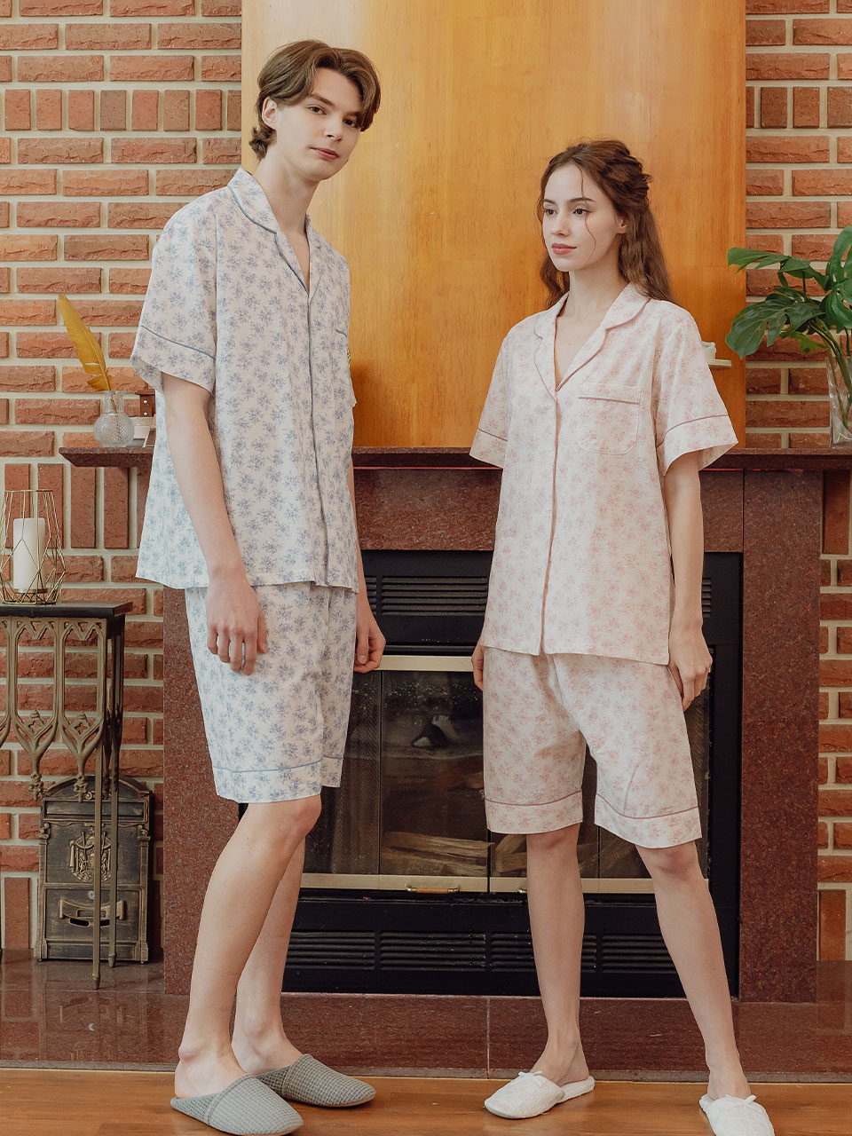 Couple Rose Flower Cotton Short Sleeve Collar Pajamas (2C) 23-00656