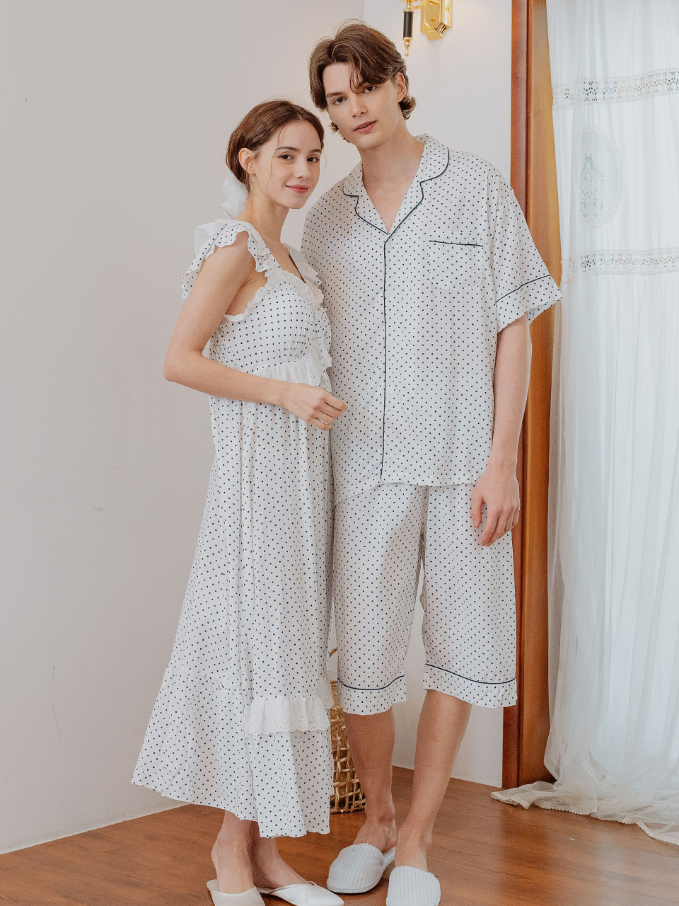 Couple rayon dot sleeveless dress pajamas (2C bra cap embedded) 23-02454